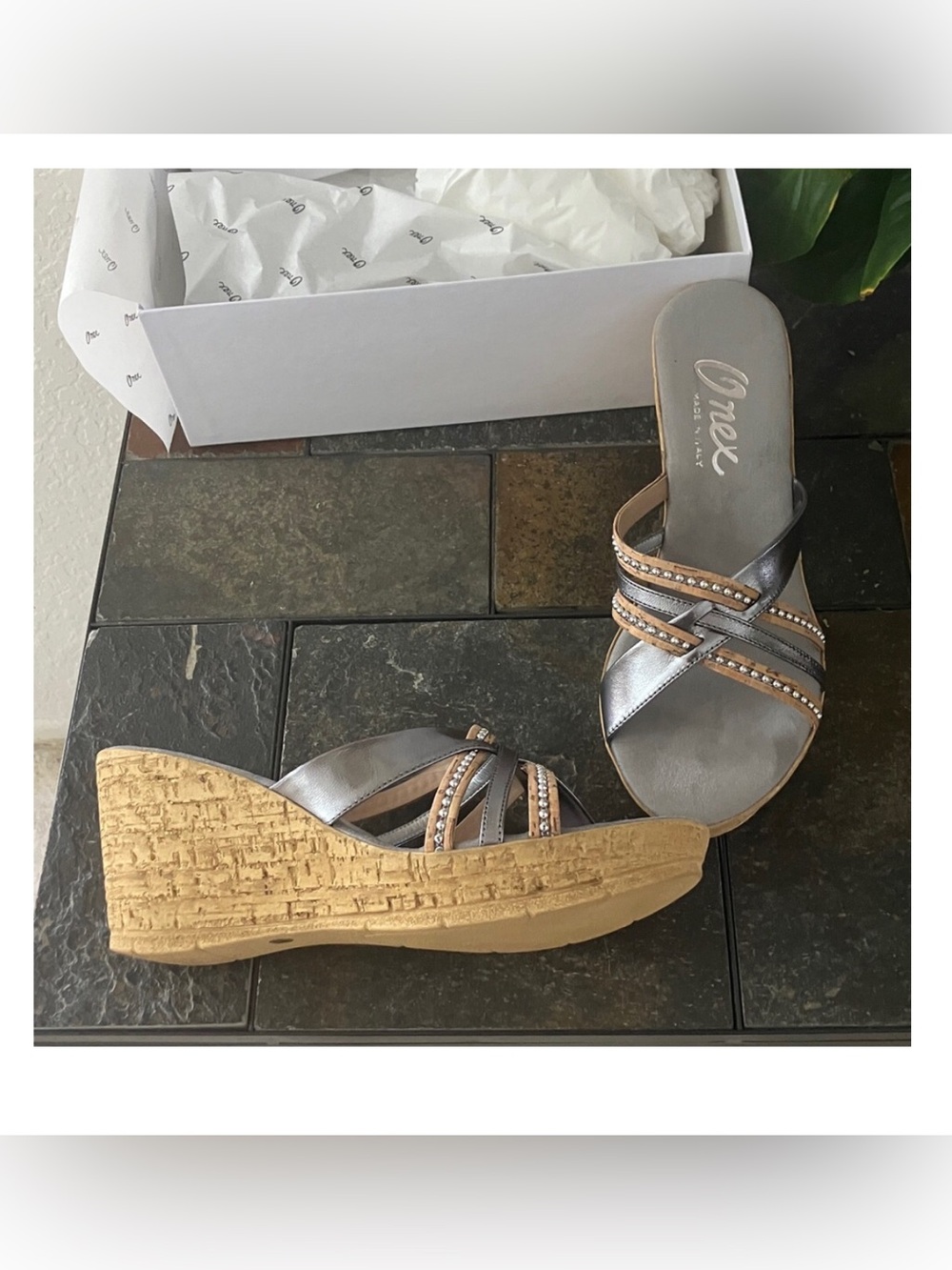 Onex Style‎ Elaine Pewter Silver & Cork Wedge Sandals, NEW IN BOX Size 11